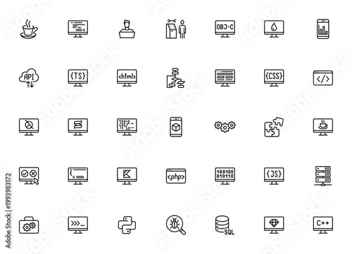 Programming Languages icon set. Vector developer icons pack. Includes Java, Python, JavaScript, C++, HTML, SQL, PHP, code, algorithm, bug, automation and more. Editable stroke.