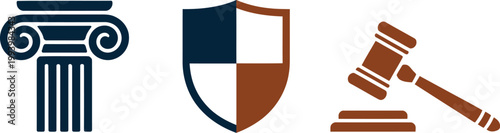 Justice and law icons pillar, shield and gavel symbols on white background, vector illustration set for legal system, courtroom authority and law enforcement concept design elements.