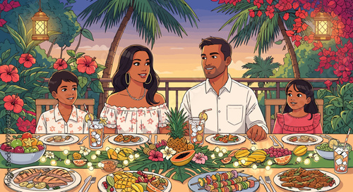 Joyful multiethnic family enjoying a festive tropical outdoor dinner under the glow of lanterns, surrounded by lush vibrant flowers and palm trees, celebrating togetherness and relaxation