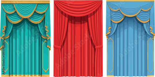 Elegant theater curtains set in different colors isolated on white background stage decor