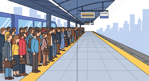Commuters waiting on train platform together.