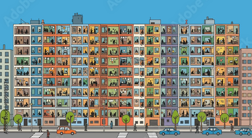 Large colorful apartment building exterior.