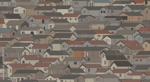 Many houses with different colored roofs.