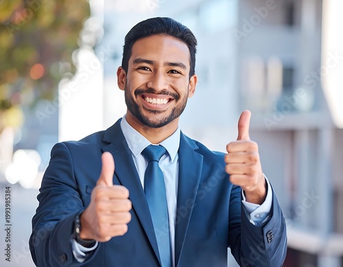 A smiling man in a blue suit gives two thumbs up
