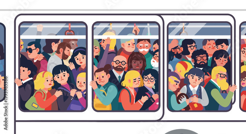 People riding on a crowded train.