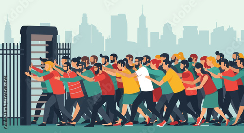 People rushing through city gate together.