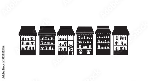 Flower shop storefronts silhouettes with various potted plants and garden flowers displayed on shelves for retail vector.