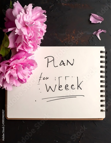 A spiral notebook with handwritten planning notes and pink flowers