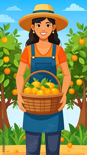 A smiling woman in a hat holds a basket of oranges