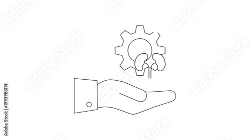 Hand Holding Gear and Spine Icon Represents Medical Technology and Healthcare Solutions.