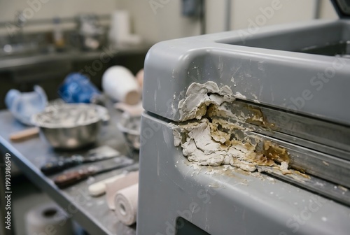 Macro close-up of a vacuum forming machine frame corner with hardened plaster and resin