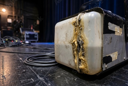 Macro close-up of a theatrical fog machine reservoir corner with coagulated fluid sludge