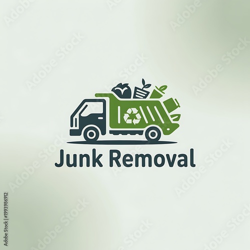 Junk removal truck loaded with debris recycling symbol transport disposal collection sanitation industrial