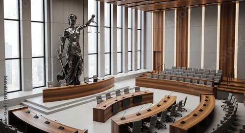 Courtroom interior with statue of justice