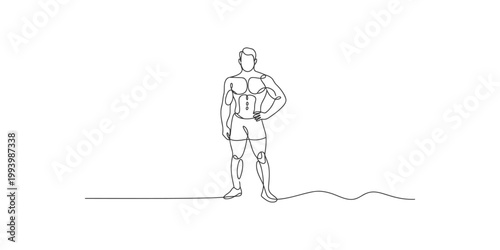 A continuous line drawing of a muscular man standing confidently with one hand on his hip in a simple and elegant style