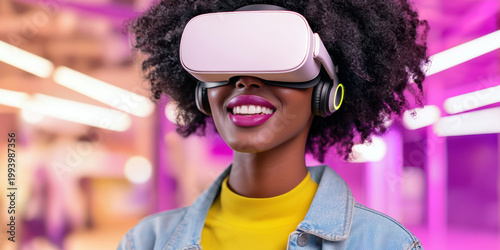 smiling woman with curly hair enjoys an immersive experience using a white virtual reality headset in a vibrant, colorful environment.