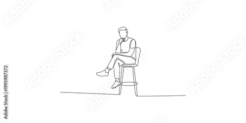 A minimalist line drawing of a man sitting on a stool in a simple and elegant style