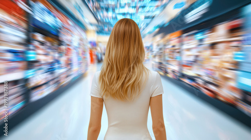  woman with long blonde hair stands in a brightly lit supermarket aisle, surrounded by blurred shelves filled with various products.