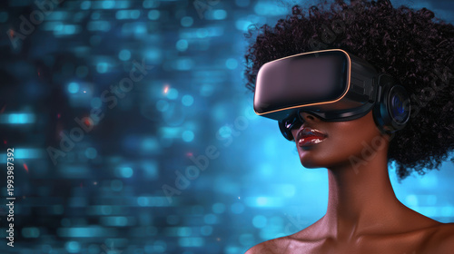 woman with curly hair experiences virtual reality using a VR headset and headphones against a futuristic, blue-lit background.