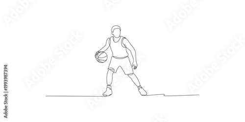 Continuous line drawing of a basketball player dribbling on a white background