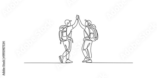 Continuous line drawing of two hikers with backpacks giving high five isolated on white background
