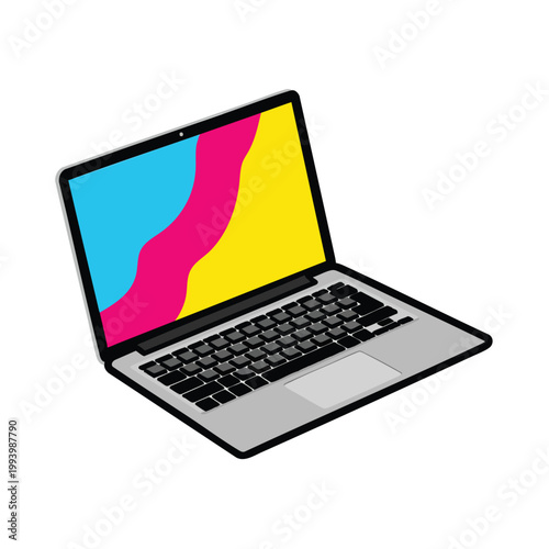 Modern laptop computer with vibrant abstract colorful screen display.