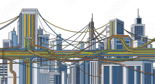 Abstract Cityscape with Colorful Lines and Geometric Shapes.