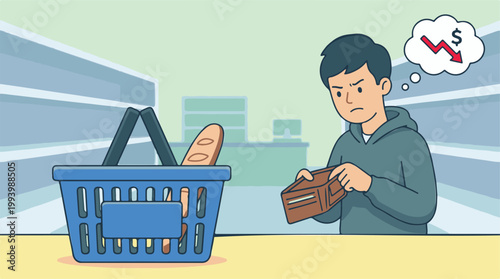Frustrated Man Holds Empty Wallet at Supermarket Checkout Counter