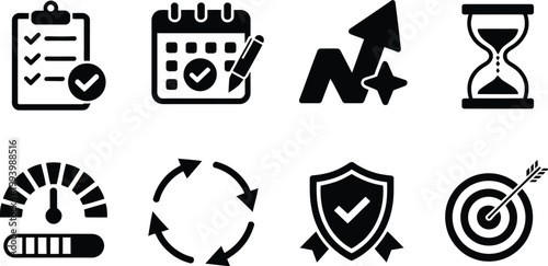 Project management and productivity black icons set, vector collection for task planning, workflow organization, time tracking, team collaboration and business productivity interface design.