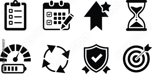 Project management and productivity black icons set, vector collection for task planning, workflow organization, time tracking, team collaboration and business productivity interface design.