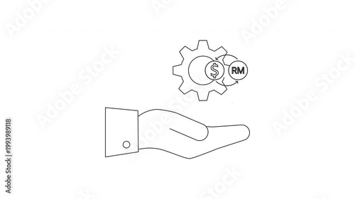 Hand holding gear with dollar and ringgit coins symbolizing financial management.