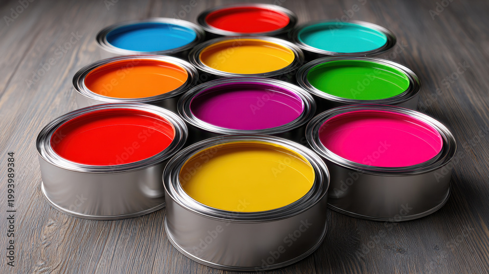 Fototapeta premium Vibrant paint can arrangement with open metal cans in bright saturated colors on wooden surface