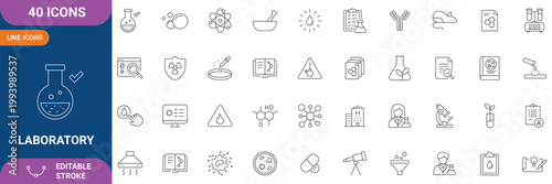Laboratory Icon Set. Containing Experiment, Test Tube, Microscope, Flask, Chemical, Biology, Research, Lab, Science, Analysis, Medicine, Equipment and etc. Line Icon. Editable Stroke. Vector file