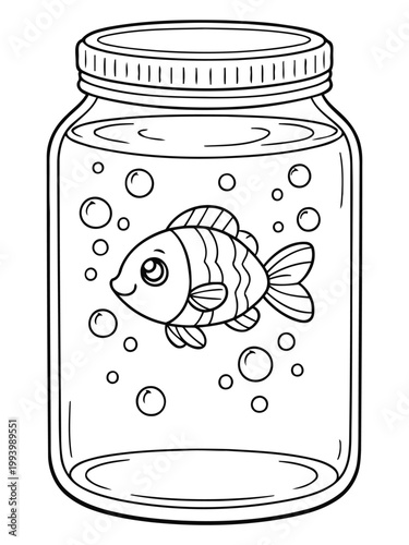 Fish in a Jar: An adorable illustration of a charming fish swimming contentedly within a glass jar, its delicate form and playful bubbles capture the simplicity of aquatic life.