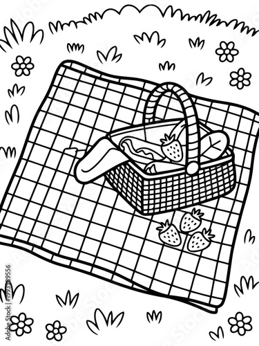 Picnic basket illustration: A simple line drawing depicts a charming picnic scene, featuring a checkered blanket spread upon the grass, complete with a filled basket and fresh strawberries.