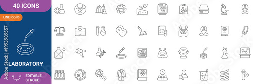 Laboratory Icon Set. Containing Experiment, Test Tube, Microscope, Flask, Chemical, Biology, Research, Lab, Science, Analysis, Medicine, Equipment and etc. Line Icon. Editable Stroke. Vector file