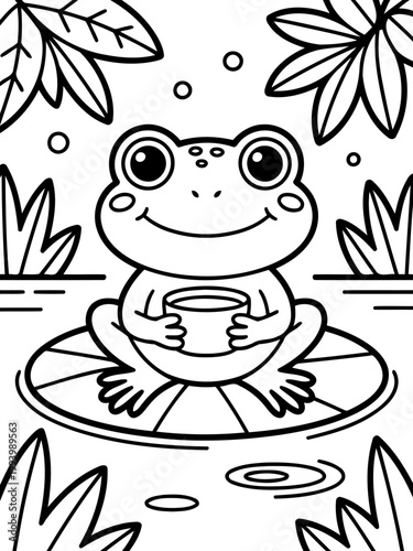 Frog on Lilypad: A charming illustrated frog perches serenely on a lilypad, clutching a cup, surrounded by delicate aquatic plants, exuding a sense of peace and tranquility.