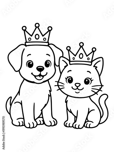 Royal Friends: A charming black-and-white illustration of a regal puppy and kitten, each crowned with a delicate tiara, exuding charm and playfulness.