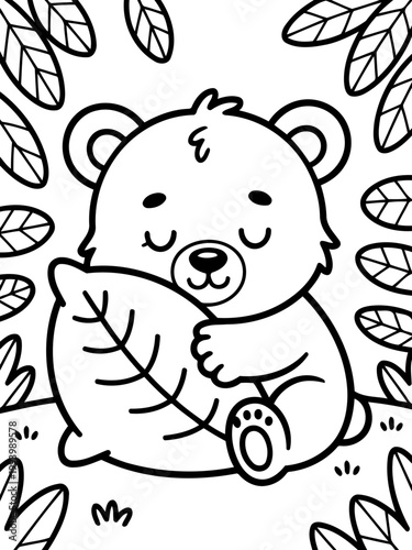 Bear Embracing Nature's Gift: A cuddly bear cub finds solace in nature's embrace, nestled amidst lush greenery and tenderly clutching a single, textured leaf. 