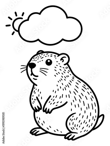 Groundhog's Day Dream: A charming groundhog gazes upward at a sun-kissed cloud. A whimsical illustration, celebrating the anticipation of spring.