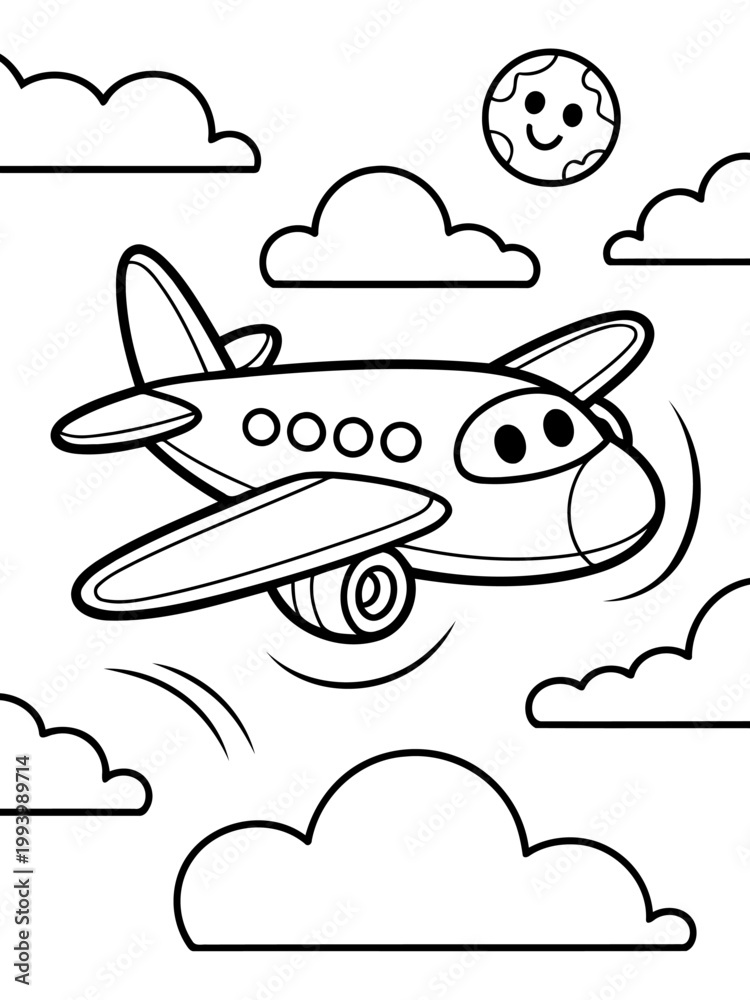 Fototapeta premium Cartoon Airplane in the Sky: A whimsical depiction of an airplane soaring through a sky dotted with fluffy clouds, capturing the magic and wonder of travel and adventure.