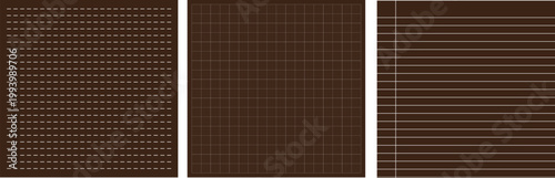 Dark brown paper texture set, collection of 3 vector backgrounds with dot grid, square graph and horizontal ruled lines for digital journaling