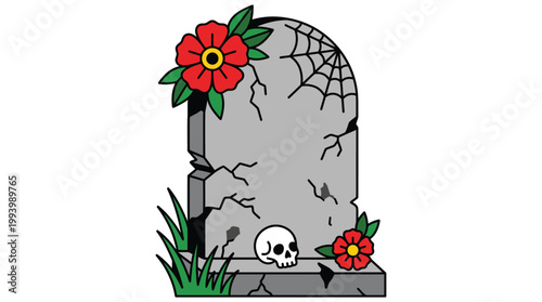 Old School Tattoo Style Illustration of Cracked Gravestone with Red Flowers Skull and Spiderweb Isolated on White Background