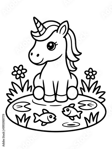 Whimsical Unicorn in Pond: A charming unicorn sits peacefully beside a pond, its elegant horn and flowing mane exuding magic, surrounded by playful fish and serene water lilies.