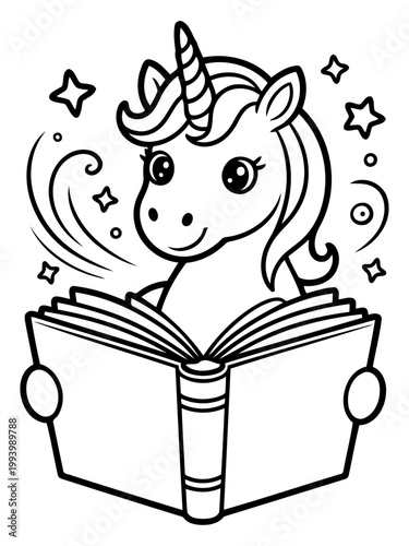 Unicorn Reading Book: A whimsical unicorn with a spiraled horn is lost in a book, surrounded by shimmering stars, ready to ignite imagination and inspire learning. 