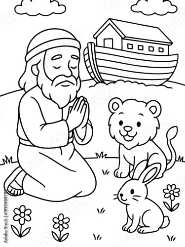 Noah's Ark and the animal: A tender illustration depicts Noah and the Ark, accompanied by a lion and rabbit, with a sense of peace and divine guardianship.