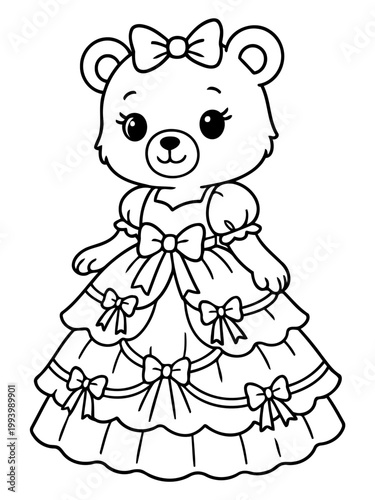 Adorable Bear in a Fancy Dress: A charming illustration depicts a sweet bear, dressed in a beautiful and elaborate gown, adorned with delicate bows, offering a sense of enchantment and playfulness.