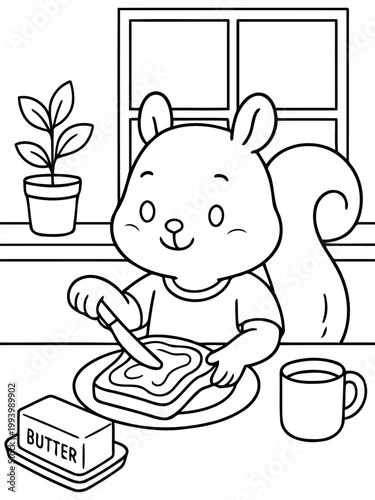 Squirrel Spreading Butter on Toast: A cute illustration of a squirrel diligently spreading butter on a slice of toast, set against a cozy breakfast scene. A touch of charm in the kitchen.