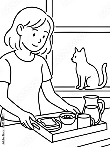 Morning Moments: A girl starts her day, carrying breakfast to her furry friend, while the sunlight illuminates the sweet scene, capturing the simple joy of companionship and morning tranquility.