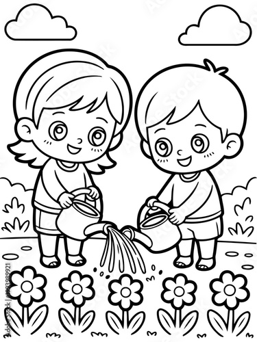 Budding Together: Two young companions nurture a blossoming garden, symbolizing the growth of friendship and the joys of teamwork. 